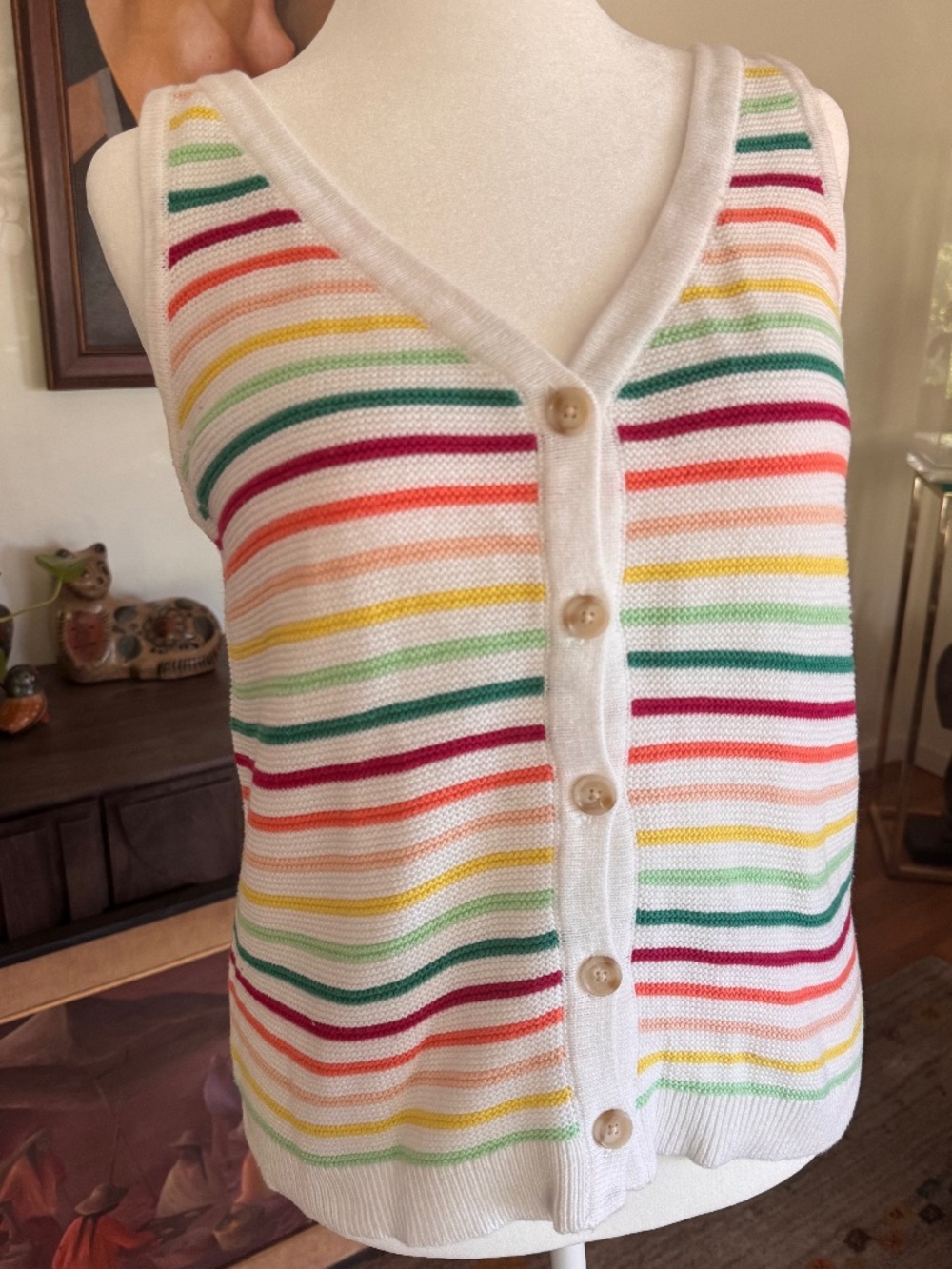 LOFT Striped Knit Tank Top L White Rainbow Button Front